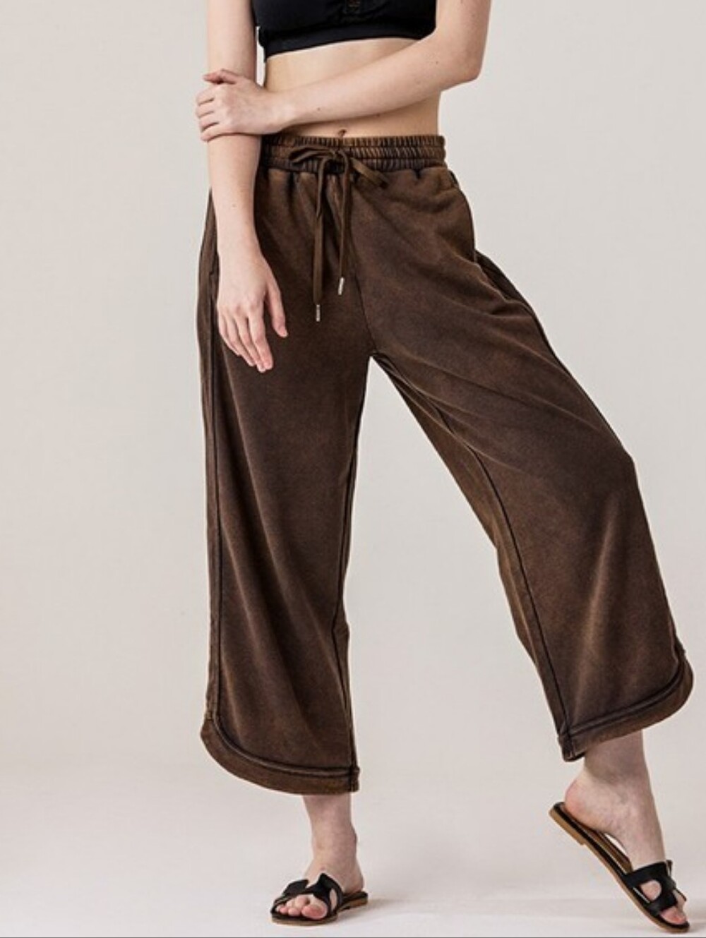 A4-0609 Wide Leg Brown Drawstring Dolphin Hem Lounge Pants